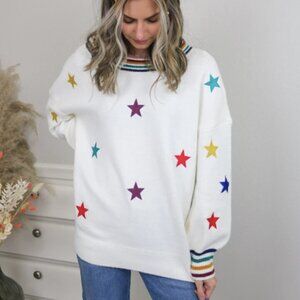 Collection by Cezele Sz L Womens Sweater White/Multi Embroidered Stars